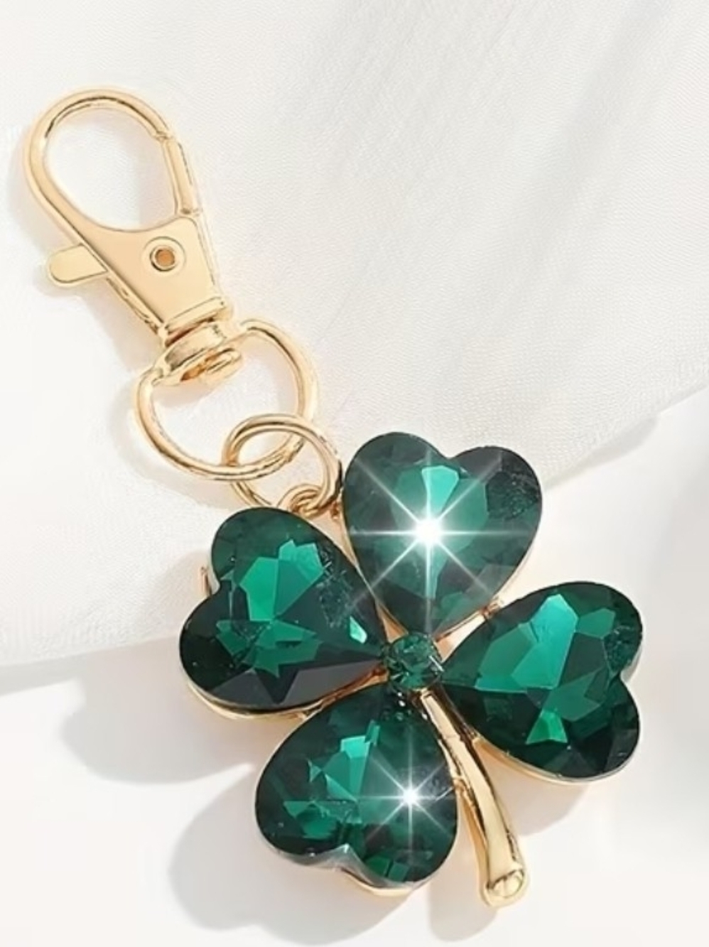 Gold-Tone Emerald Green Crystal Four-Leaf Clover Keychain